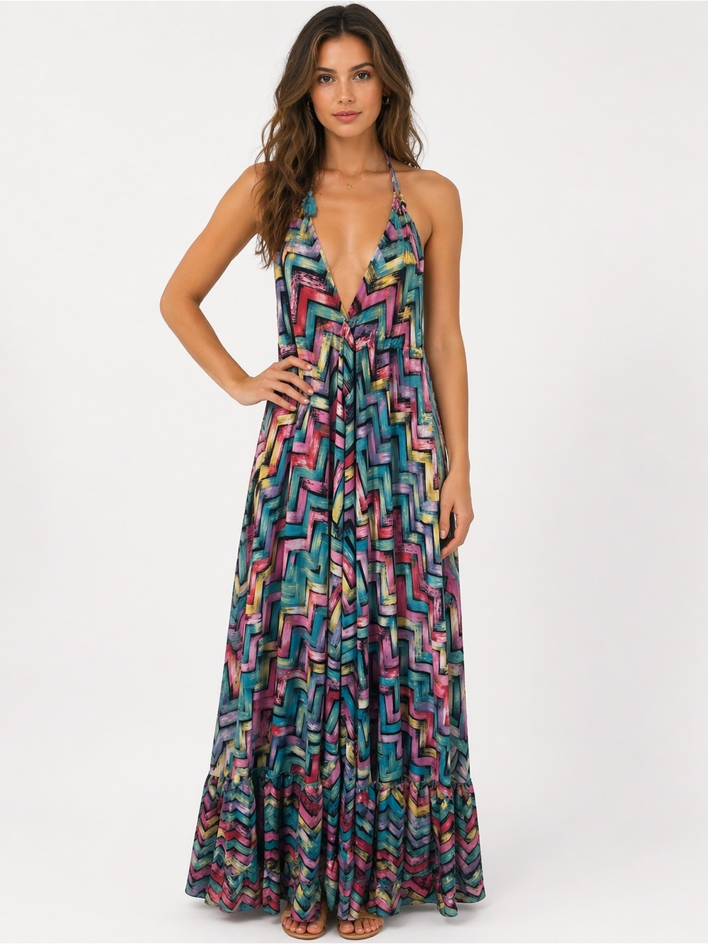 Multicolor Chevron Halter Maxi Dress - Vibrant Pink & Teal